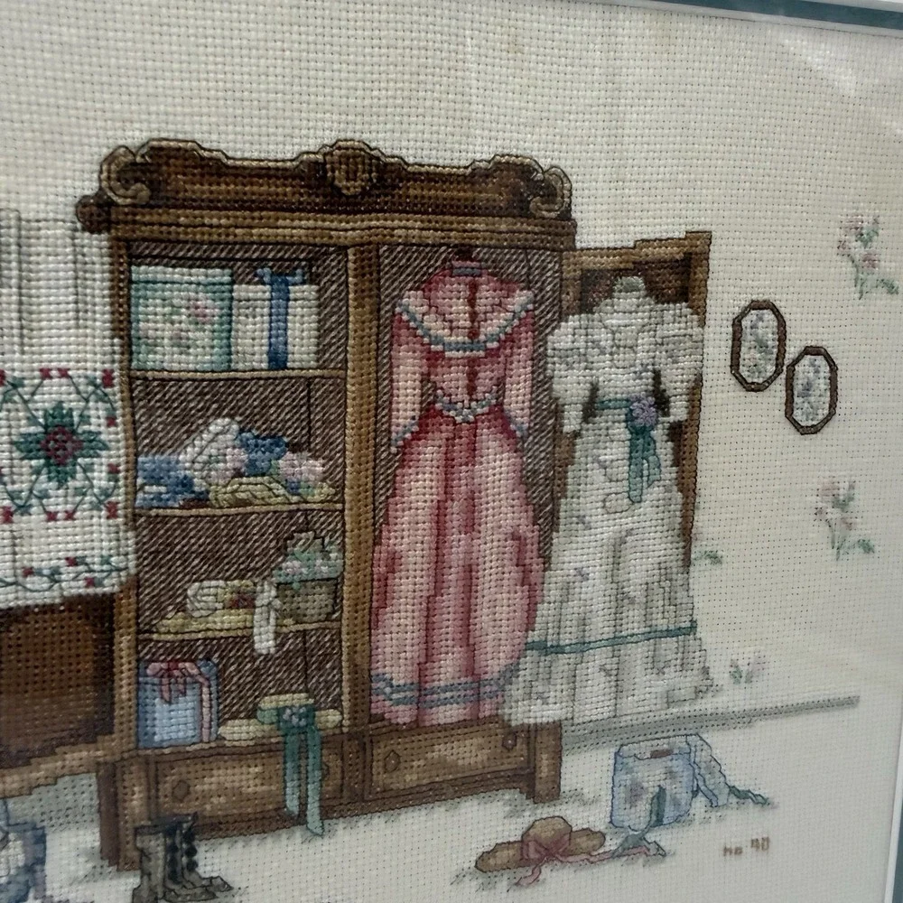 Vtg Embroidered Cross Stitched Wall Art Fashion Victorian Decor Matted Framed